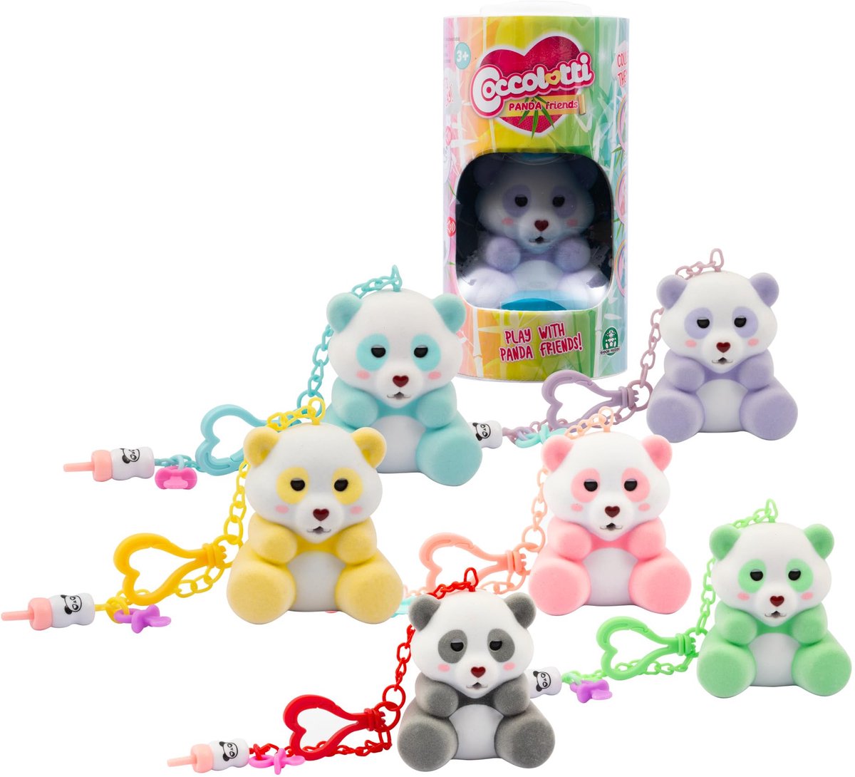 SnelShoppen - Coccolotti Panda Vrienden CCL14000 Verassingspakket, 6 Teddyberen met Fles en Sleutelhanger met Charme, Willekeurige Kleur, Perfect voor