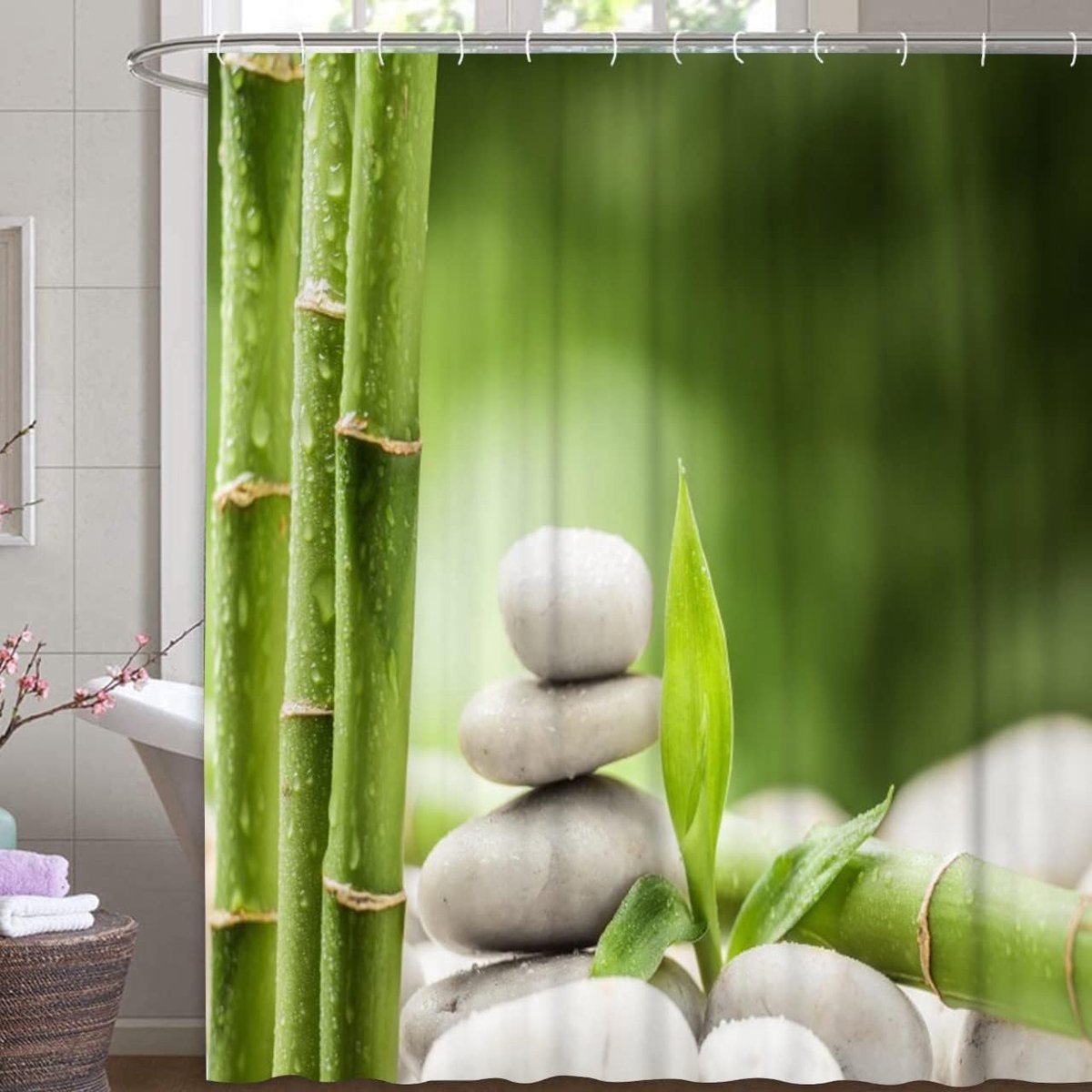 SnelShoppen - Douchegordijn Bamboe Lichte Mist 180x200cm - Schimmelbestendig Textiel Gordijn Groen Exotisch voor Badkamer Spa Relax - Incl. 12 C-ringe