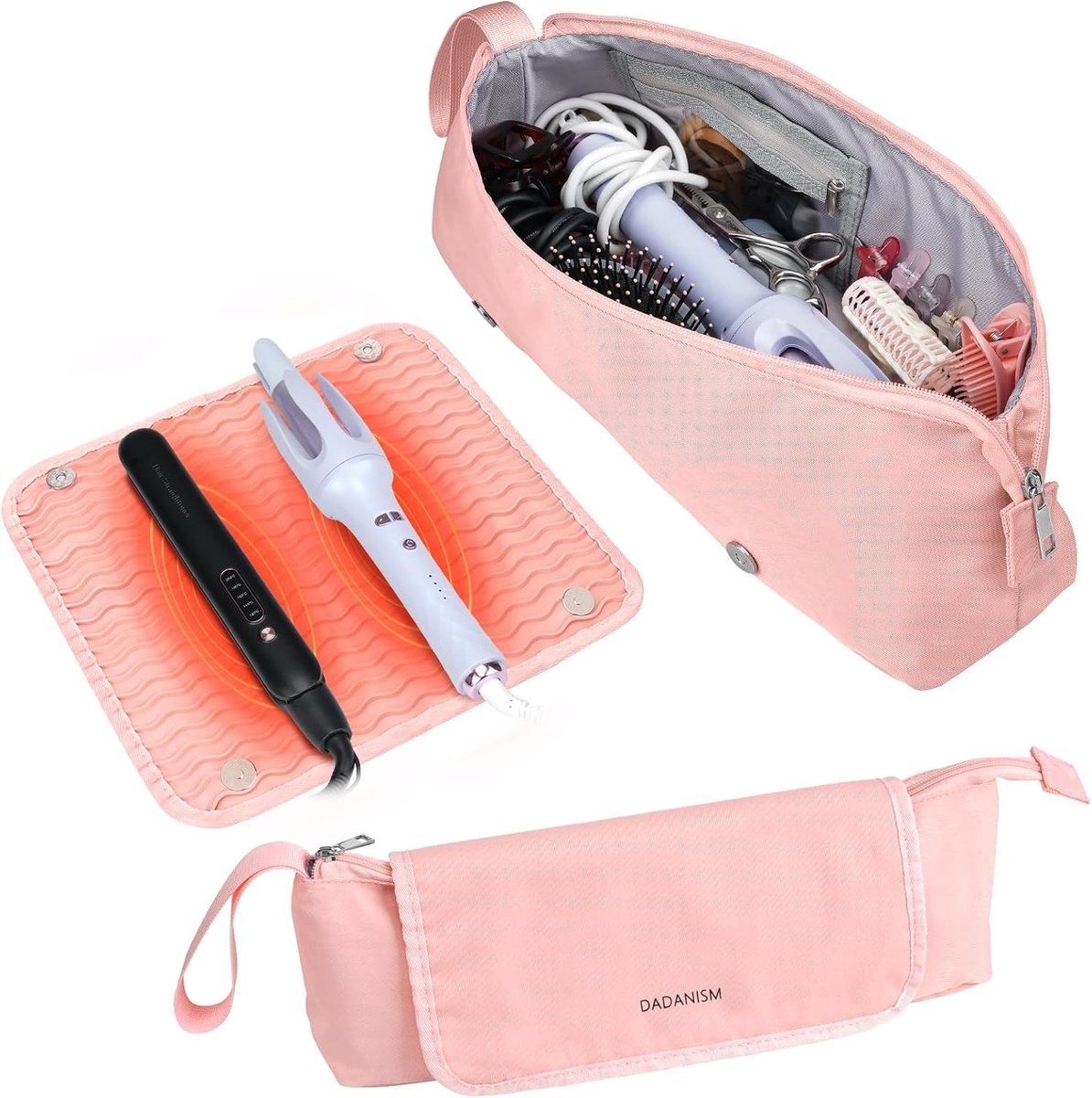 Haarstyling Gereedschapset met Reisdoos en Verwijderbare Hittebestendige Mat, 2-in-1 Organizer voor Krultang, Steiltang en Accessoires voor Vrouwen, Roze | Draagbare Organizer met Interne Vakken voor Haarverzorging en Stylingtools
