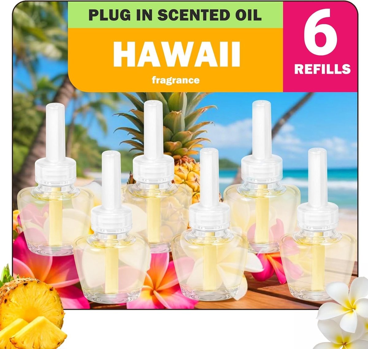 Refill fles voor geur olie, 6 x 18 ml, Hawaii geur | Geschikt voor geurpluggen, luchtverfrisser en geur olie voor kamers