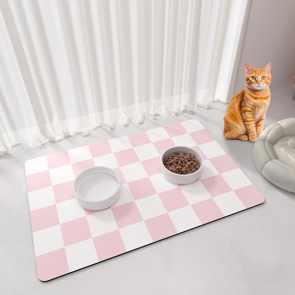 Absorberende Plaid Voer- en Drinkmat voor Huisdieren 42 x 71 cm met Rubber Achterkant, Roze en Wit, Ideaal voor Voerbakken en Waterbakken