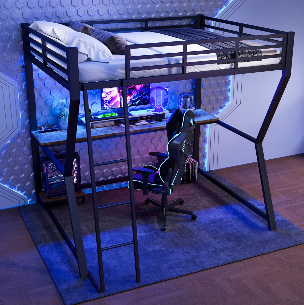 COVREO Hoogslaper 140x200 cm zwart met bureau, trap en LED, zonder matras