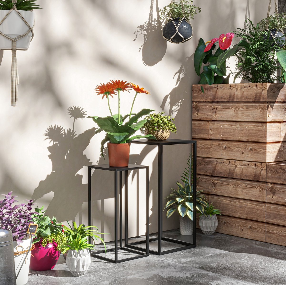 Plantenstandaard 2-Delige Set – Compact En Stapelbaar – 25 X 25 X 58,5 Cm En 31 X 31 X 65 Cm – Staal – Zwart – Voor Balkon, Tuin En Terras