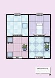 Plan de quatre pièces : salon, grande chambre, hall et salle à manger, avec meubles et plantes.