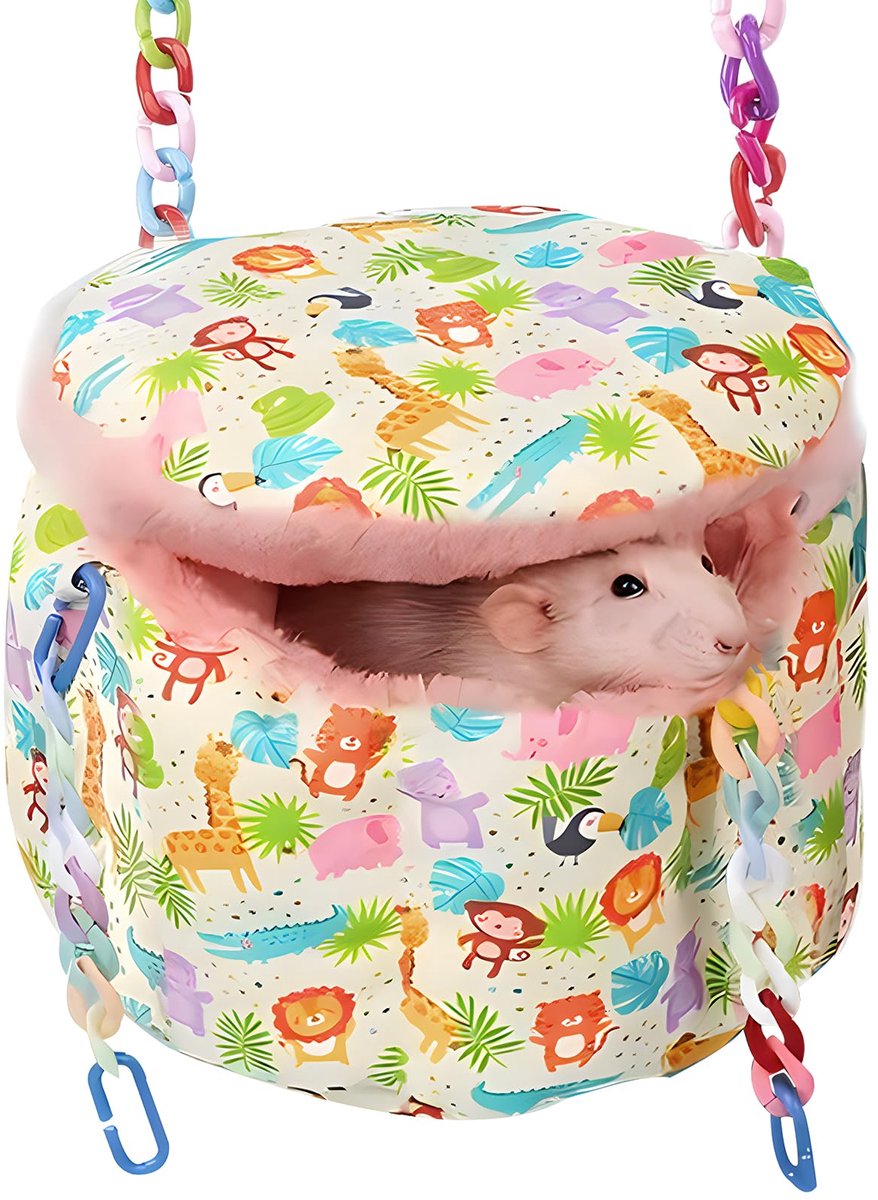 QTTVBTNA -Rattenhangmat - Knaagdieren Hangmat - Kleine Dieren Bed - Dierentuin patroon, 18×18×16 cm, zacht pluche - Met afdekking, veilige schuilplaats - Incl. kettingringen en C-clips - Voor ratten, suikereekhoorns en hamsters