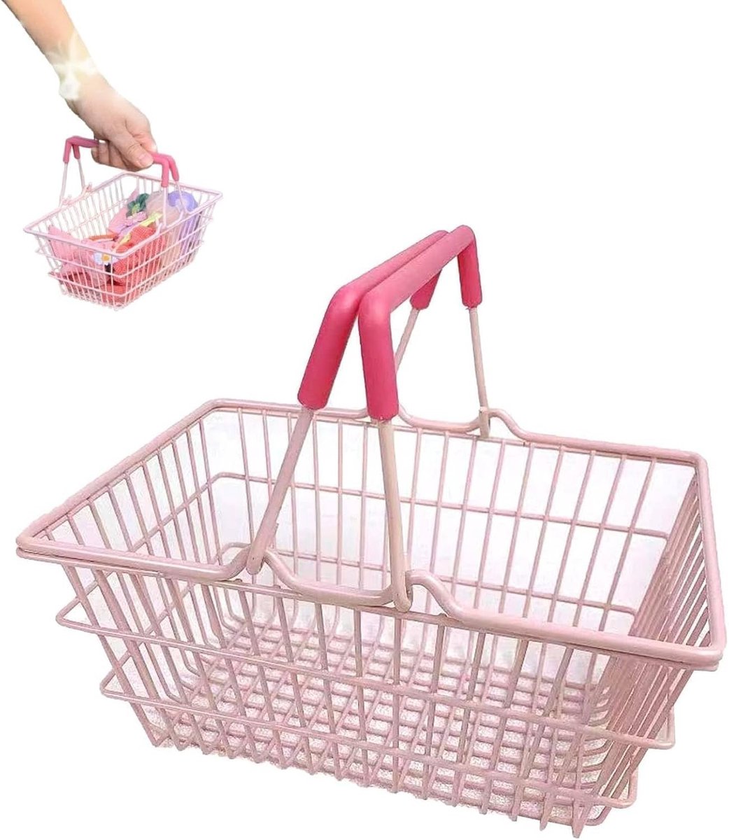 Schattige Mini Winkeltas voor Kinderen, Speelgoed Winkelmandje voor Meisjes, Draagbare Opbergmand voor Speelgoed en Decoratie met Handvatten (Roze)