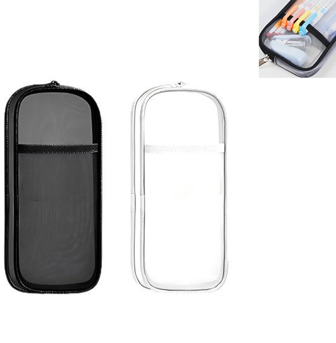 2-delige Etui - Pennendoos - Opbergtas - Etui van mesh - Transparant, dubbellaags mesh met ritssluiting en open achterkant - Mesh materiaal - 23,5 x 10,5 x 2 cm - Geschikt voor school en studie en opslag - Wit, zwart