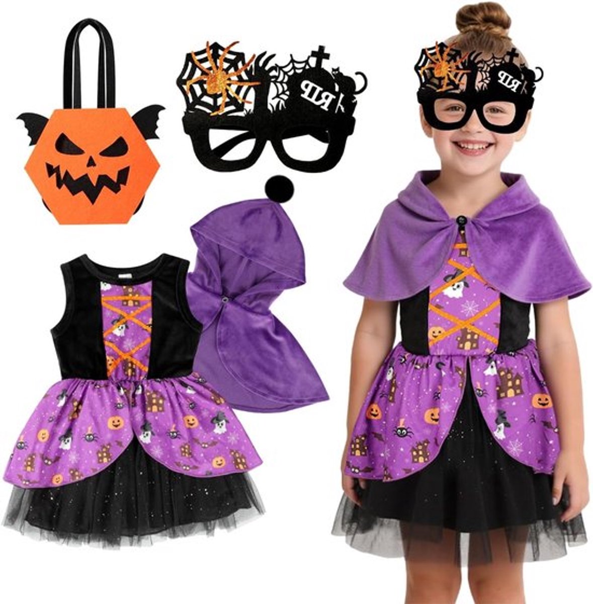 Meisjes Prinsessenjurk met Tovenaarsponcho in Paars, Capuchon en Tulle voor Halloween en Feestjes, Geschikt voor Kinderen van 1-6 Jaar