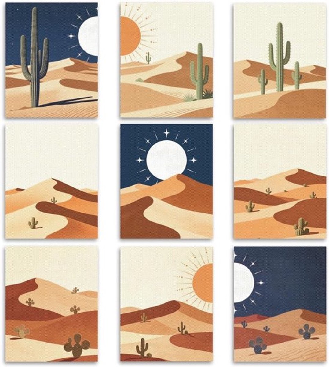 Boheemse wanddecoratieset met 9 stuks, zon en maan motief, ongelijste posters en canvas prints voor esthetische woonkamer en slaapkamer inrichting