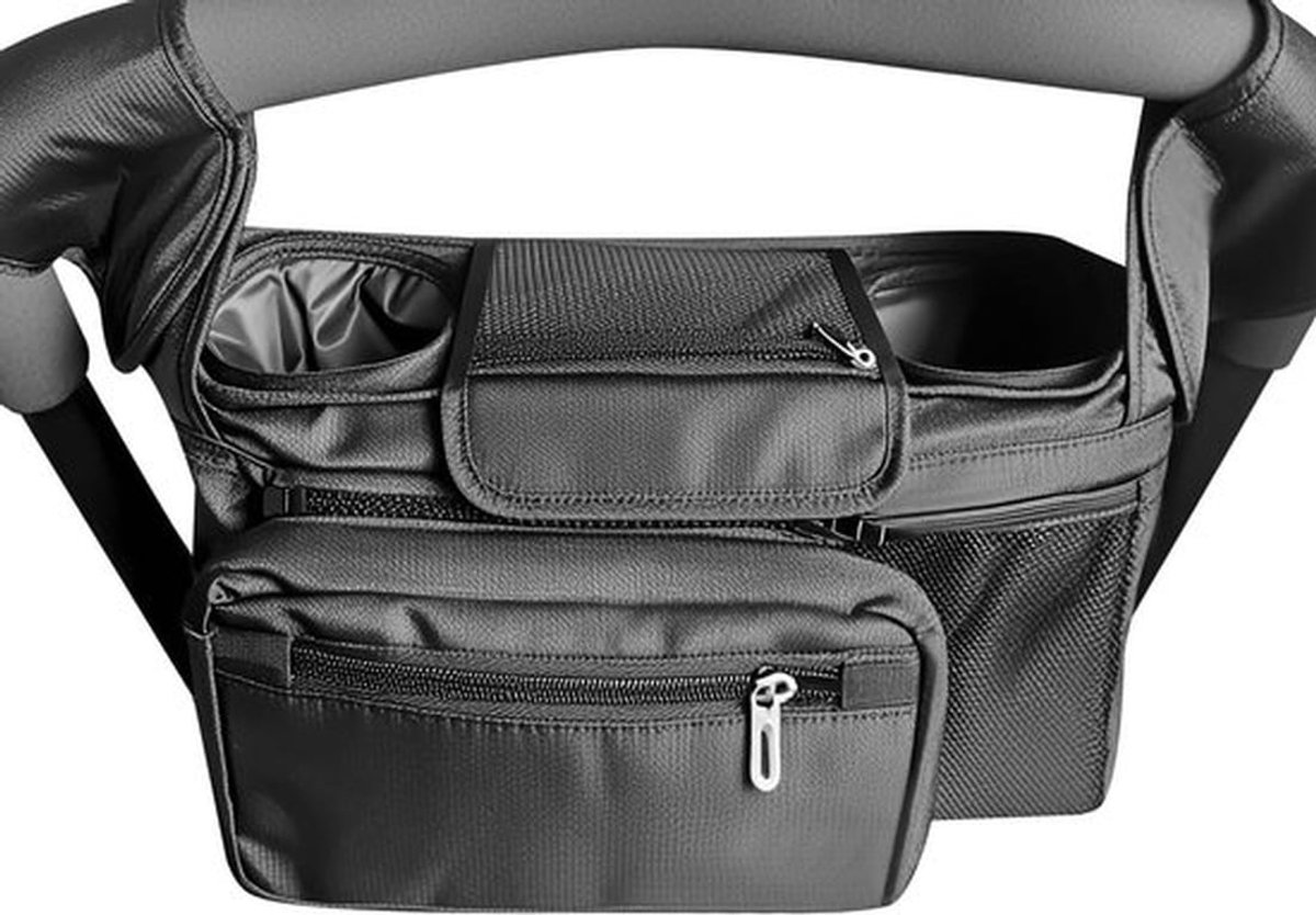 Kinderwagen Organizer met 2 Drinkhouders en Afneembare Tas - Handige Opbergtas voor Onderweg - Zwart