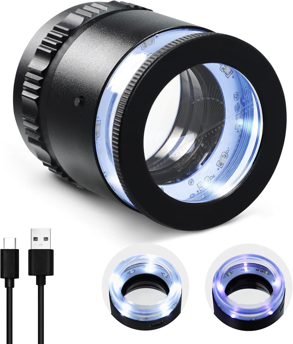 SnelShoppen - Juweliersloep met LED- & UV-licht, USB-oplaadbare loep met schaalverdeling (10x) – Sieradenvergrootglas met afneembare glasschaal en dra