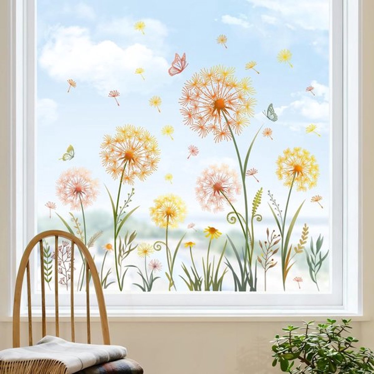 Geel Paardenbloem Raamstickers met Vlinders - Dubbelzijdige Static Plakstickers voor Ramen en Deuren - Decoratie voor Zomer en Herfst