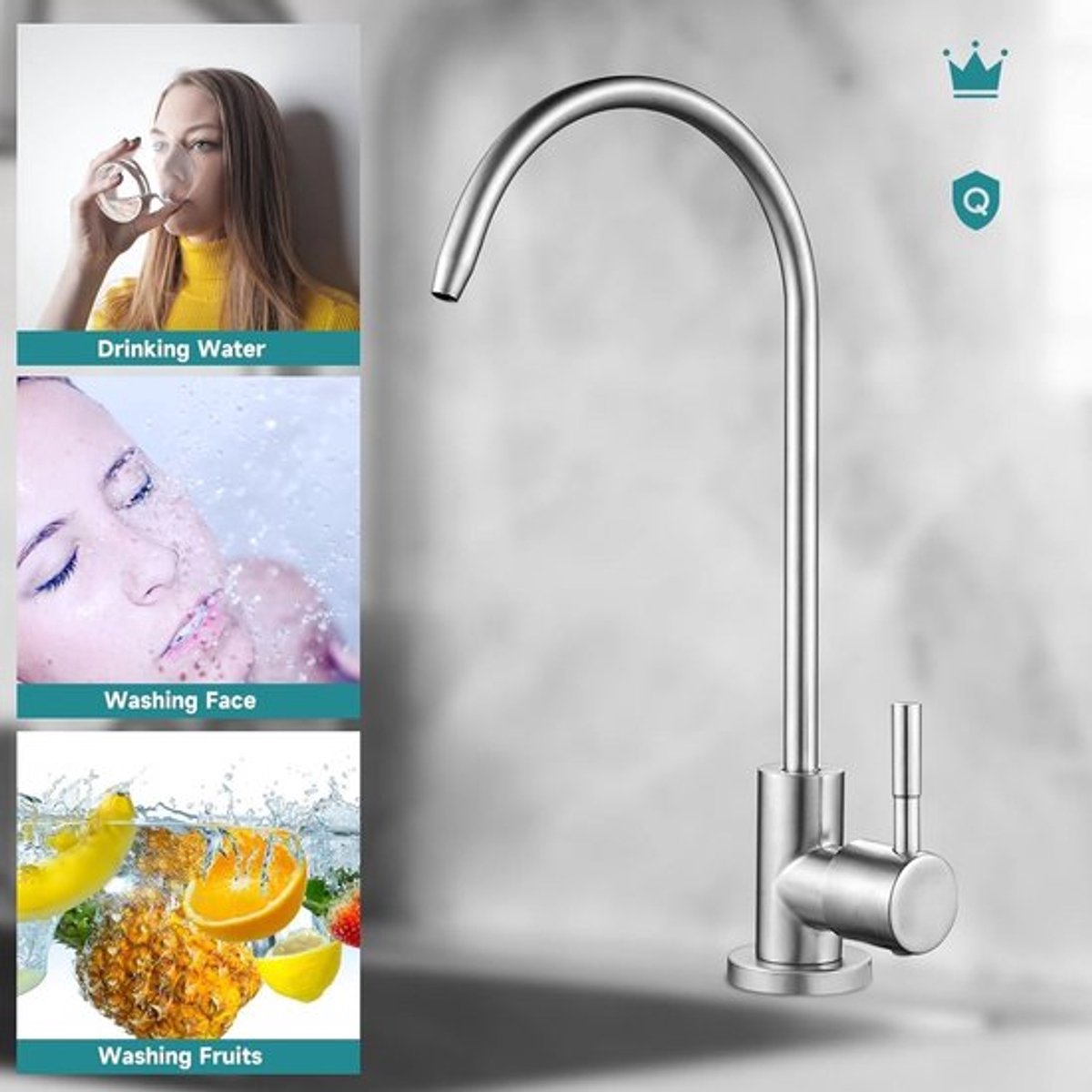 Drinkwaterfilterkraan met 1/4 '' aansluiting voor op aanrecht - Roestvrijstalen kraan met lange zwanenhals - Chroom - Geschikt voor waterfilters en omgekeerde osmosesystemen