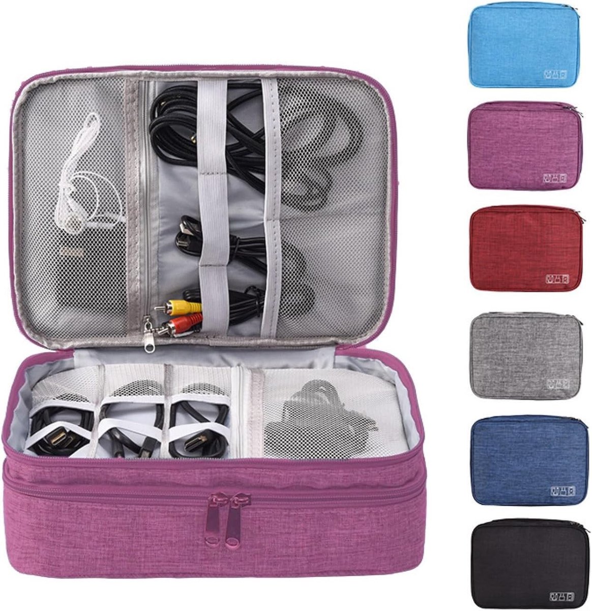 Multifunctionele Elektronische Accessoire Tas voor Kabels en Opladers - 3 Laags, Paars, Ideaal voor Reizen en Camera's