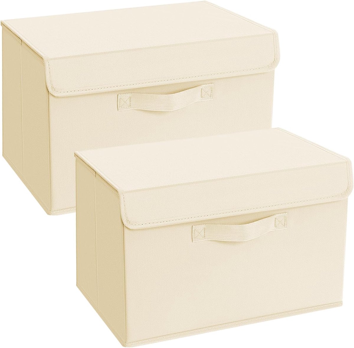 DIMJ Set of 2 Foldable Fabric Storage Boxes with Lids and Handles for Home, Cupboard, Cream - ShopVlot