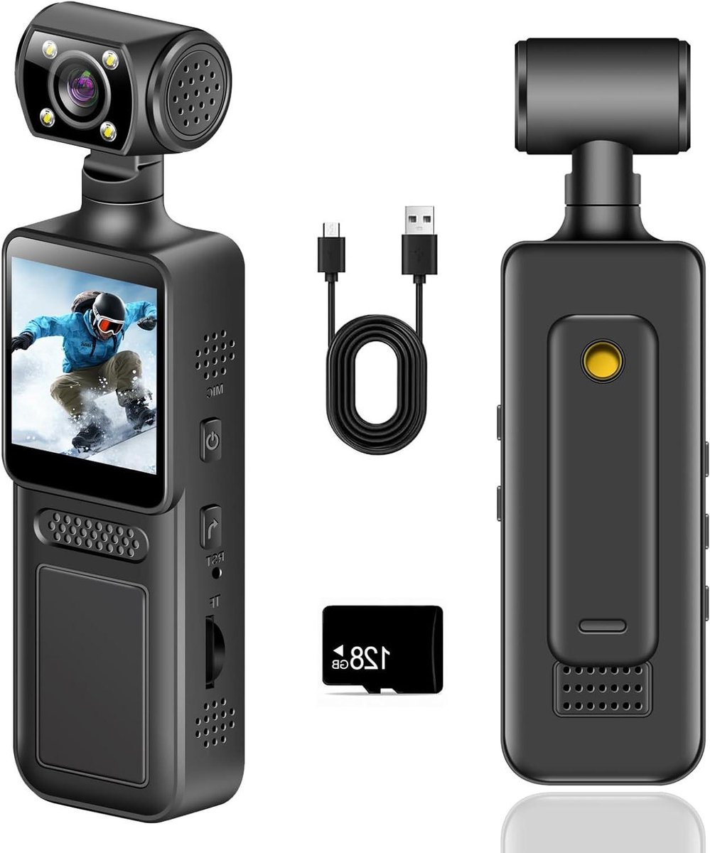 4K Lichaamscamera - Draagbare Vlogcamera - Handen Vrij Filmen - 180° Draaibaar Objectief - 1.3 Inch Scherm - Zwart