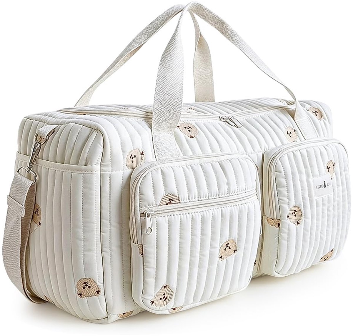 SnelShoppen - Grote luiertas, ziekentas, katoenen babytas met borduurwerk, 48 x 22 x 26 cm, opvouwbare mamatas voor ziekenhuis, geboorte, reis en kind