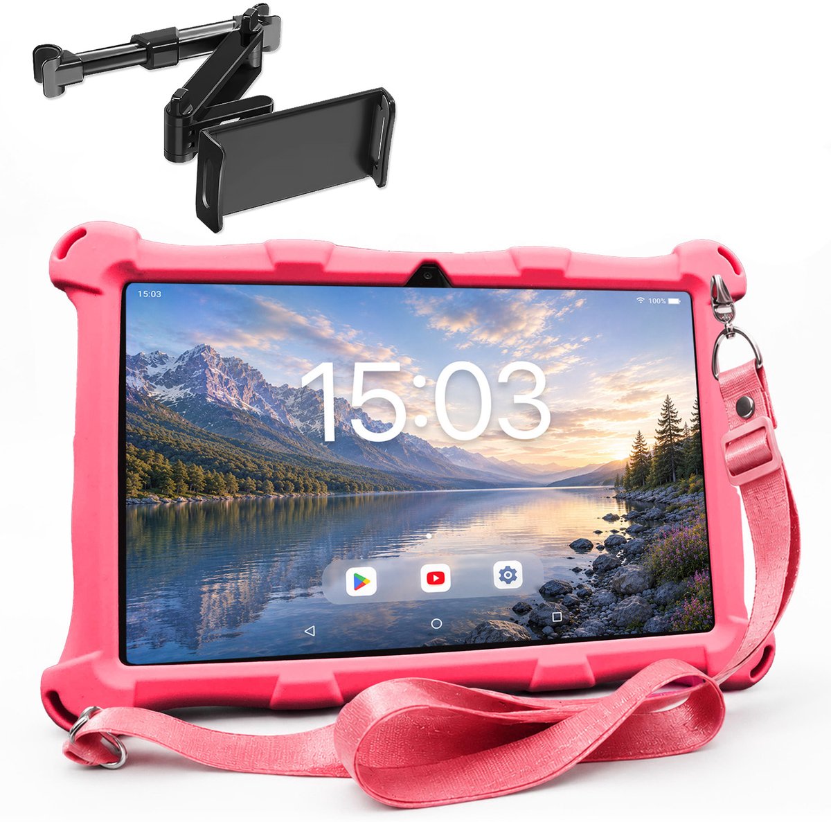 AngelTech OnderwegPakket XL – Kindertablet XL Roze + Tablethouder - Kindertablet Vanaf 3 Jaar – Kinder Tablet – Kids Tablet - Tablet voor Kinderen