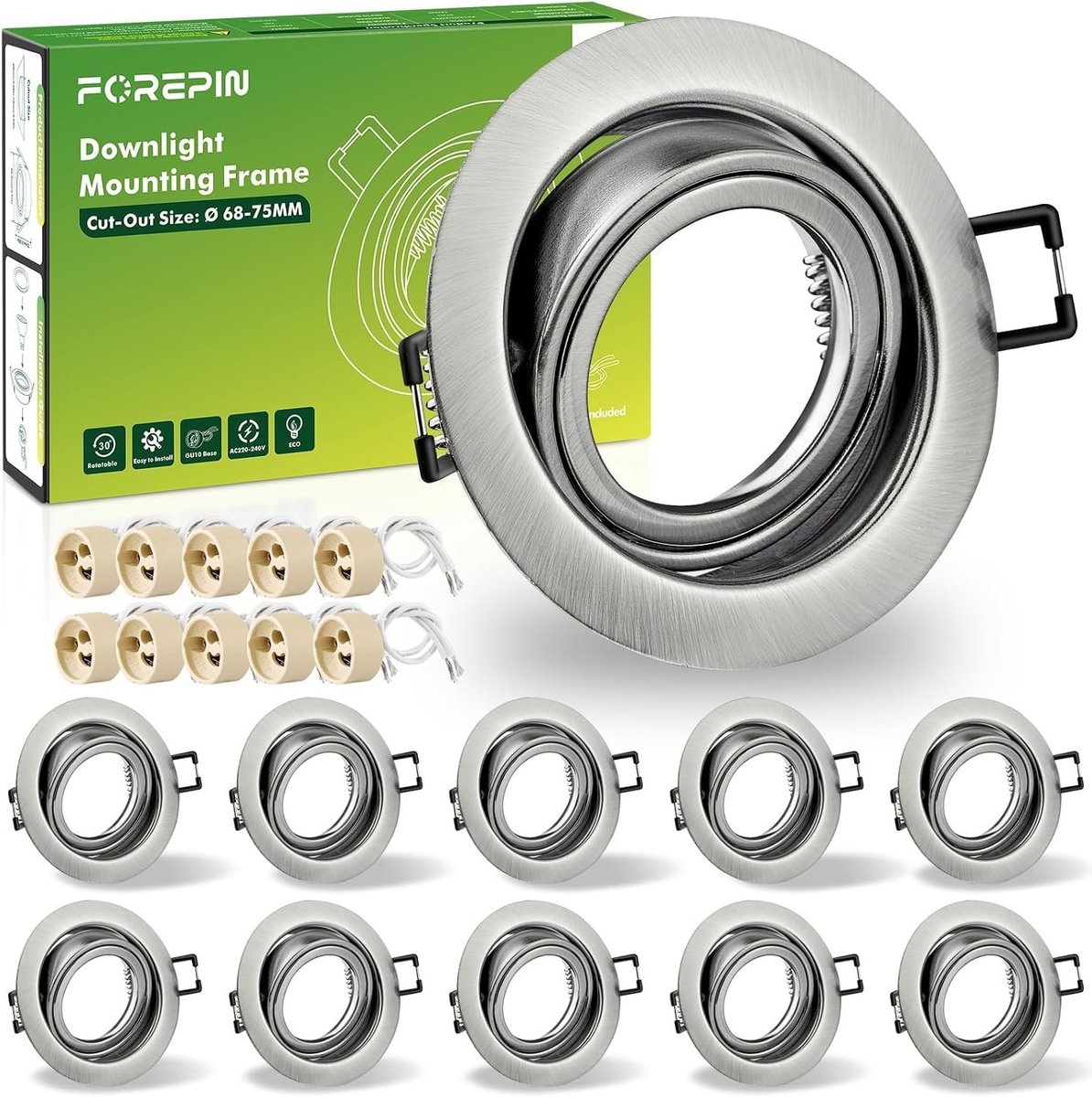 Ronde inbouwspot met 30° draaibaarheid, inclusief GU10 lampvoet voor LED of halogeen, set van 10, montagegat Ø68-75 mm, ideaal voor sfeerverlichting en accentverlichting