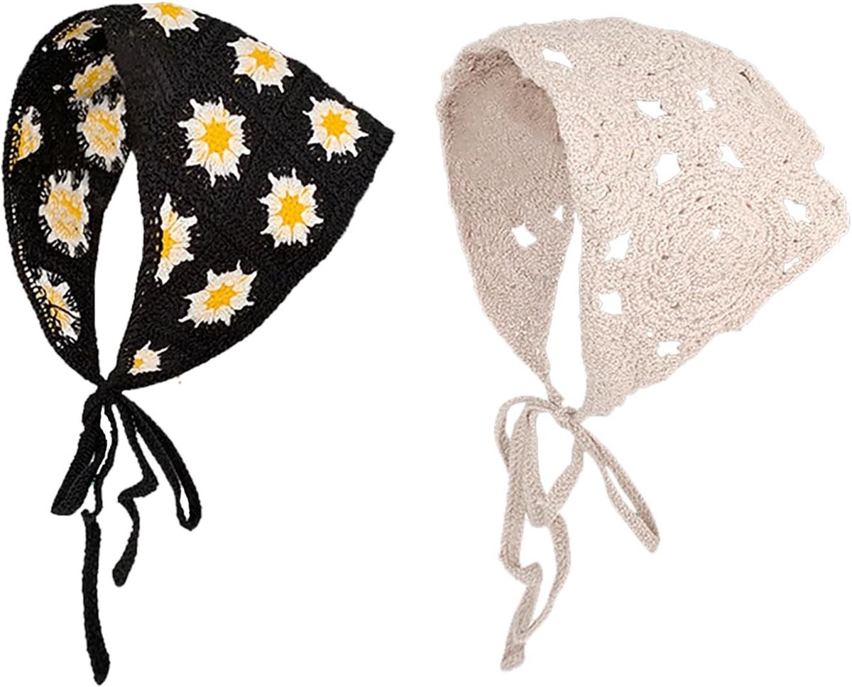 Set van 3 Boho Haarbanden met Retro Holle Patronen in Geel, Beige en Zwart - Verstelbare Straps voor Comfort en Stijl