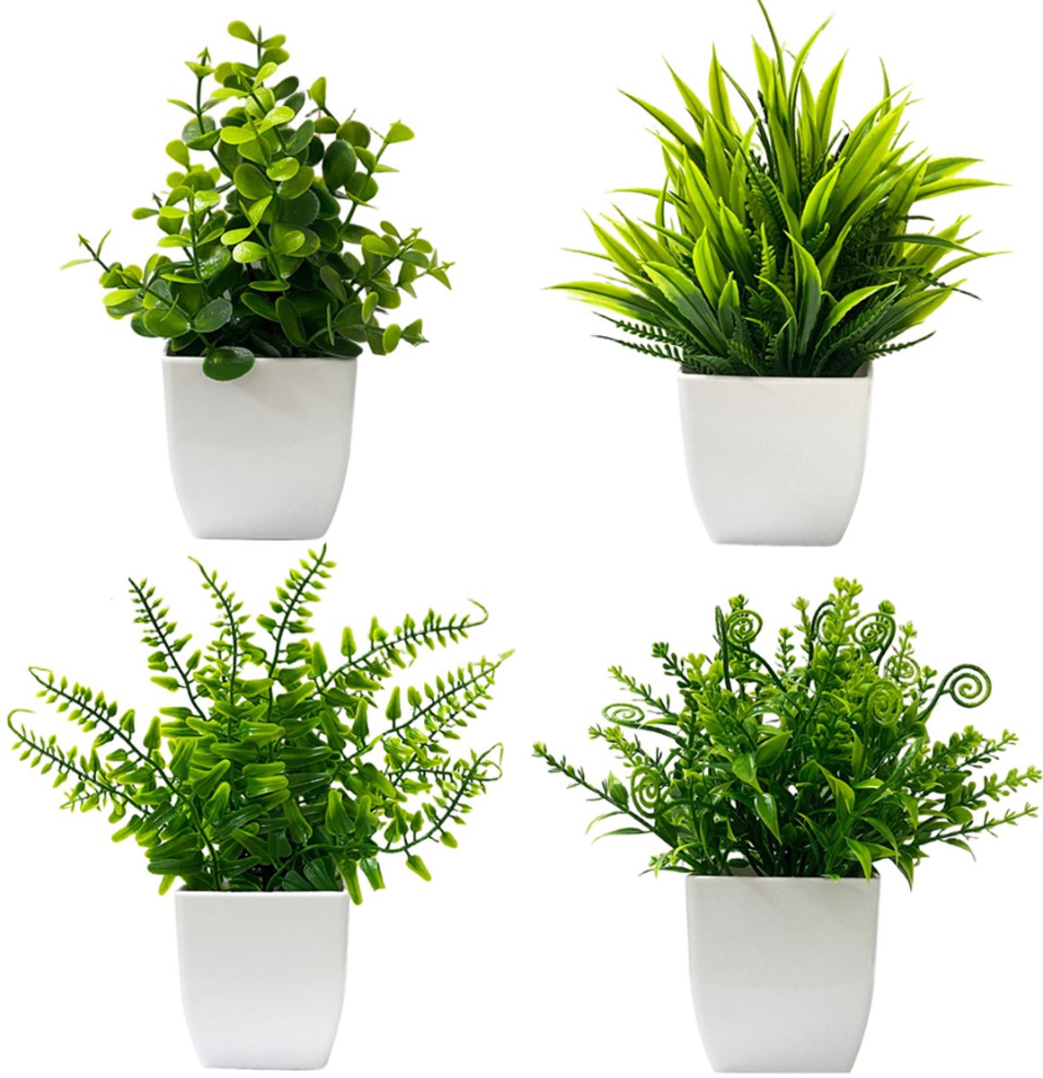 4 stuks kunst-eucalyptus in pot, mini-kunstplanten met 9 takken eucalyptusbladeren, groene kunstplantjes voor kantoor, badkamer en woondecoratie