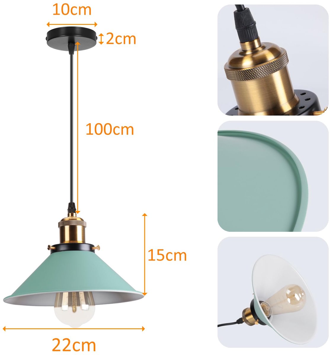 SnelShoppen - Retro Hanglamp 22 cm E27 Vintage Industrieel Groen Metalen Lampenkap Plafondlamp voor Eetkamer, Woonkamer, Keuken, Slaapkamer en Restaur