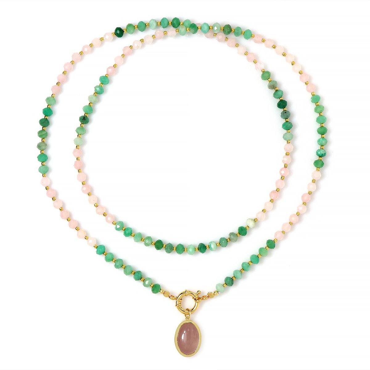 Cavill - 925 Sterling Zilver Vergulde Lange Damesketting - Ovale Rozenkwarts Cabochon 10,175 ct - Smaragd & Gouden Hematiet Kralen