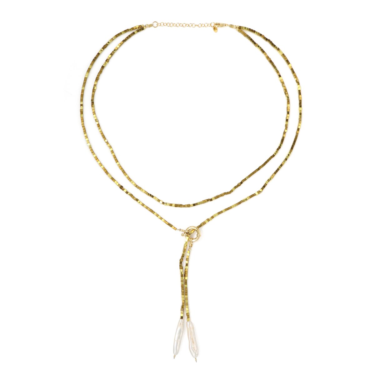 Cavill - 925 Sterling Zilver Halsketting met Witte Zoetwaterparel 45 cm - Vergulde Gouden Hematiet Vierkante Kralen - Elegante Dames Sieraden