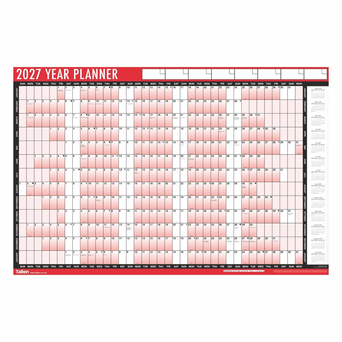 SnelShoppen - Sixstore 2027 Wandplanner A1 - Grote kalender 84 cm x 59 cm - Opvouwbaar tot A4 - Ideaal voor thuis, kantoor, school en planning - Rood
