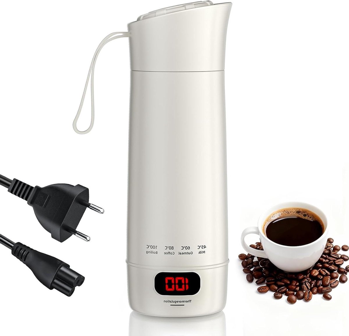 Reiswaterkoker Elektrisch - Mini Waterkoker - Warme Dranken Maken - Vier Temperatuurstanden - 400 ml - Wit