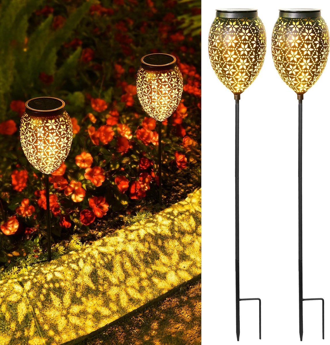SnelShoppen - 2 stuks lampen op zonne-energie voor buiten, vintage metaal, 69/52 cm, IP65 waterdicht, warmwit LED-tuinverlichting voor terras en gazon