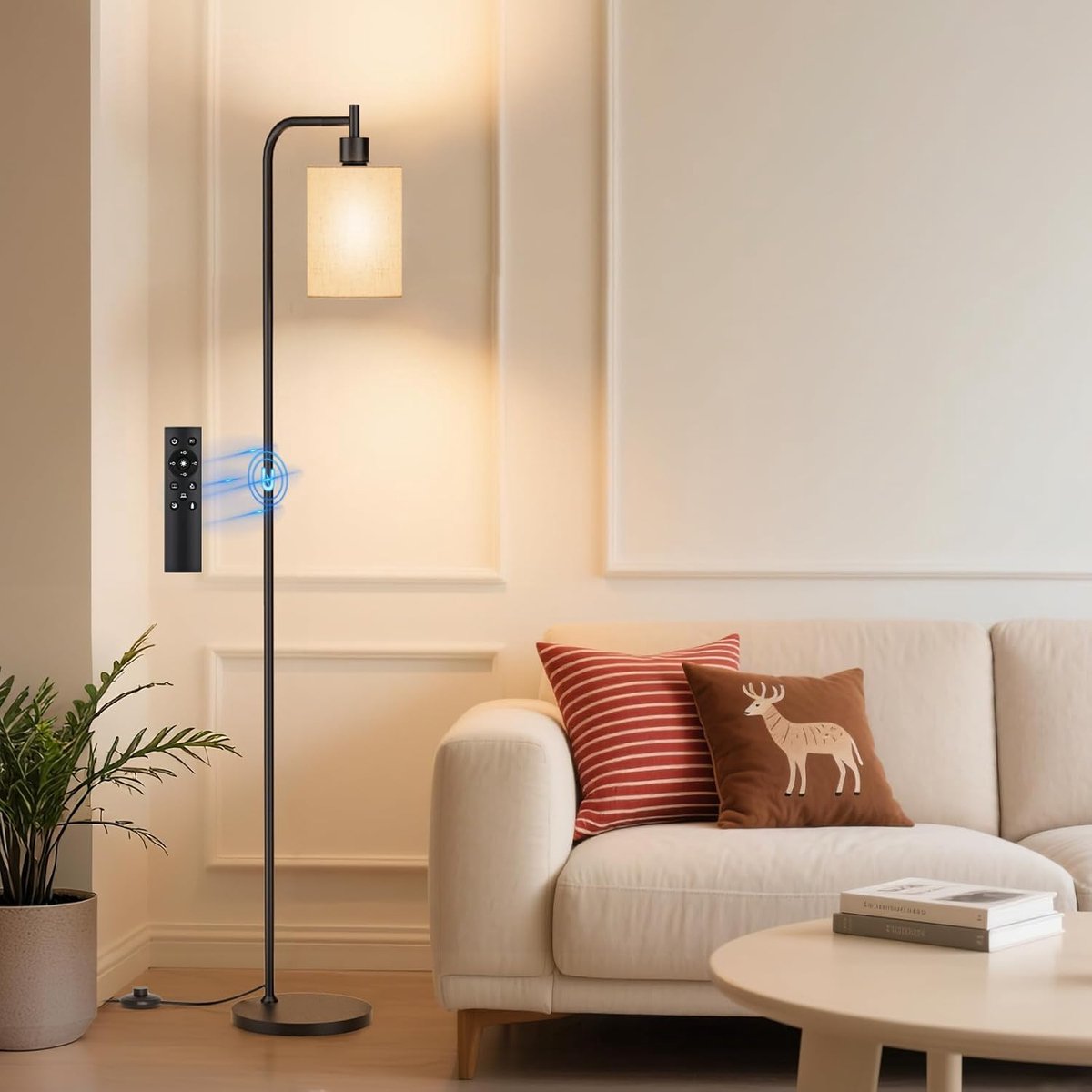 SnelShoppen - Dimbare Vloerlamp met Linnen Lampenkap, LED Vloerlamp met Afstandsbediening, 3 Kleurtemperaturen, Moderne Zwarte Vloerlamp voor Woonkame