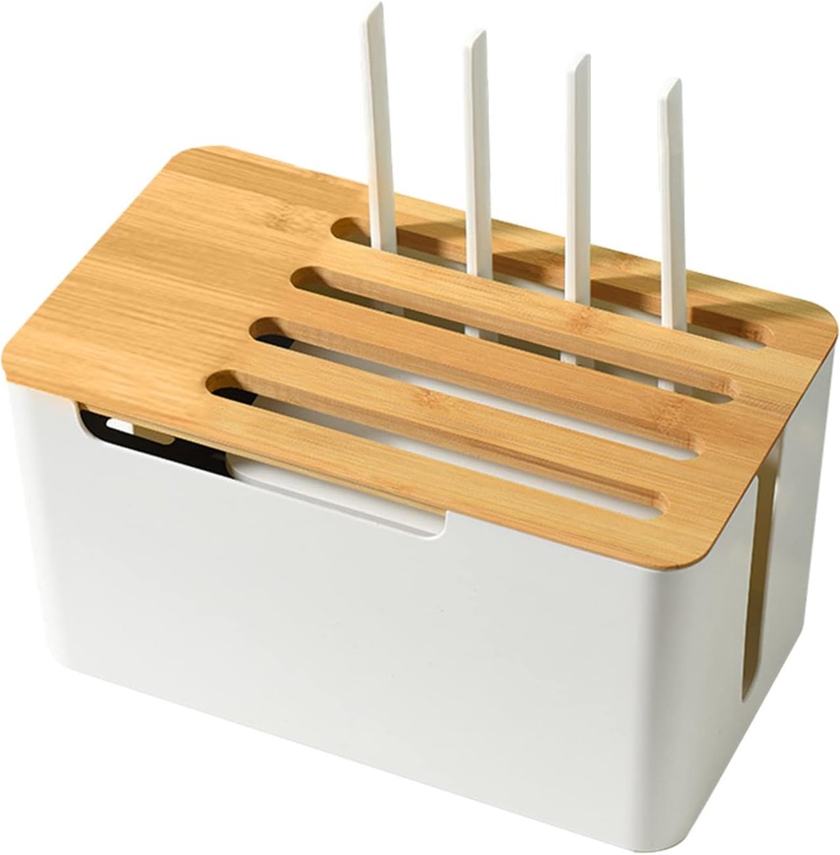 SnelShoppen - Grote Kabelmanagement Box met Houten Deksel en Plank, 31 x 18 x 16,5 cm, Witte Plastic Kabeldoos voor TV, Computer, Router en Stopcontac