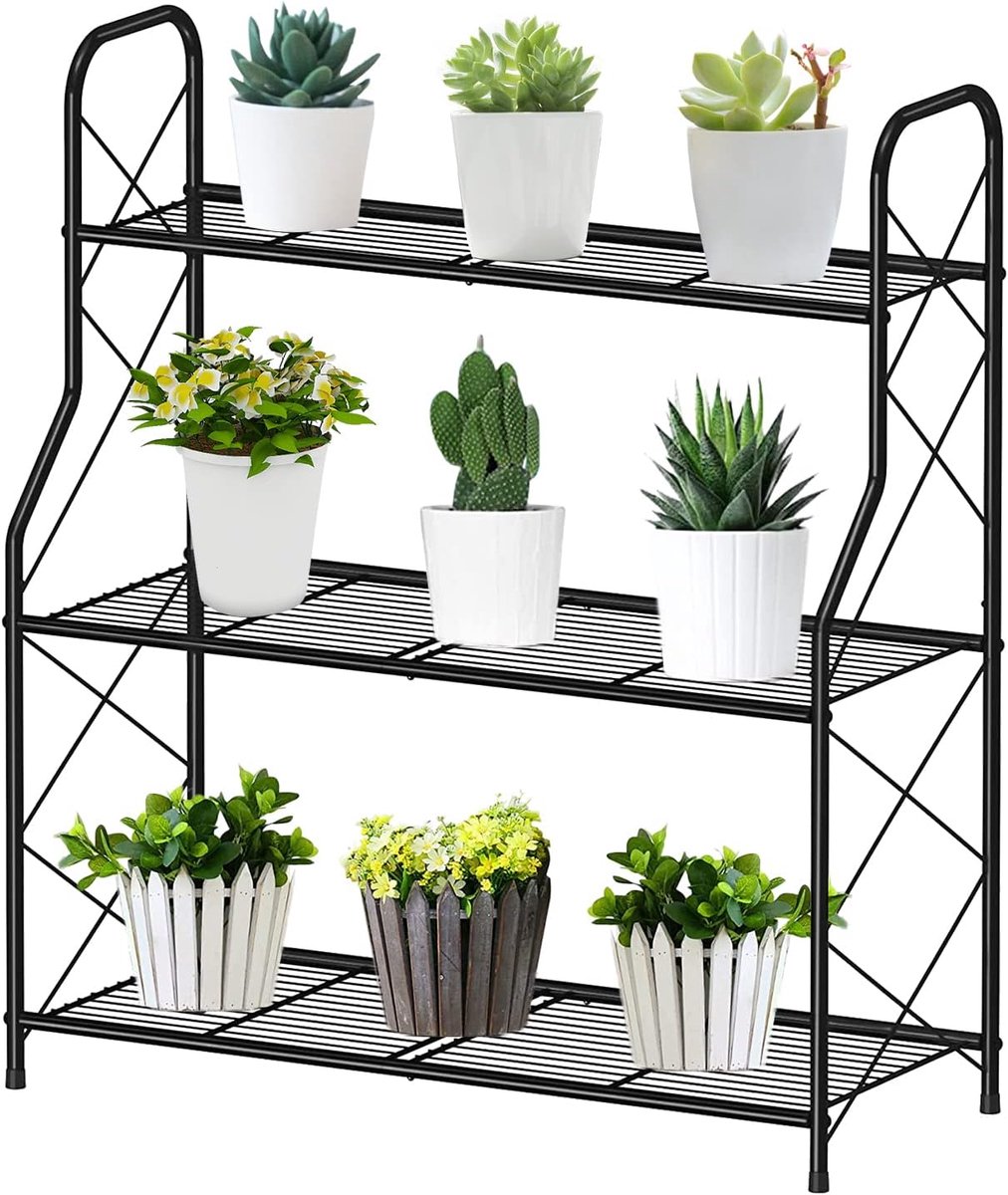 SnelShoppen - Bomclap Plantenrek met 3 Niveaus, Multifunctioneel Bloemenrek van Metaal, Zwart Plantenstandaard voor Binnen en Buiten, Balkon, Tuin, Gr