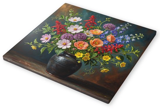 Canvas Schilderij Veldboeket Bloemen stilleven Klaprozen, Cosmea, Salvia en Ridderspoor in Donkere Vaas Botanische Wanddecoratie Canvas 60x60 cm