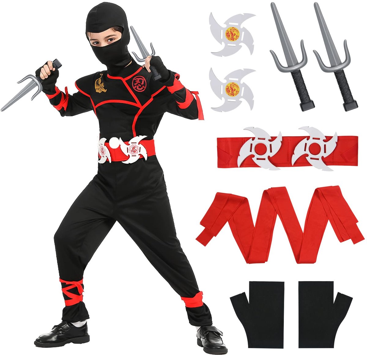 SnelShoppen - Aomig Ninja-kostuum voor kinderen, ninja-kostuumset voor jongens, Halloween, kostuum, verkleedkleding, maat S, zwart, feest, Allerheilig