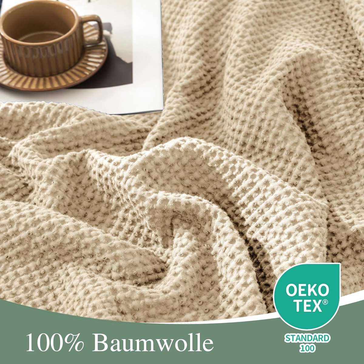 SnelShoppen - 100% Katoenen Deken 150 x 200 cm - Zachte en Ademende Woondeken met Wafelpatroon - Beige Bankdeken voor Woonkamer en Cozy Avonden