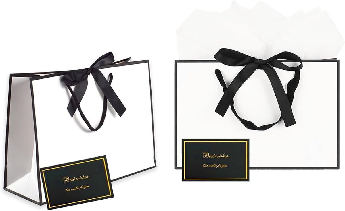 Grote cadeauzakken met linten, 28 x 20 x 10 cm, perfect voor verjaardagen, feesten en speciale gelegenheden, wit met zwart frame