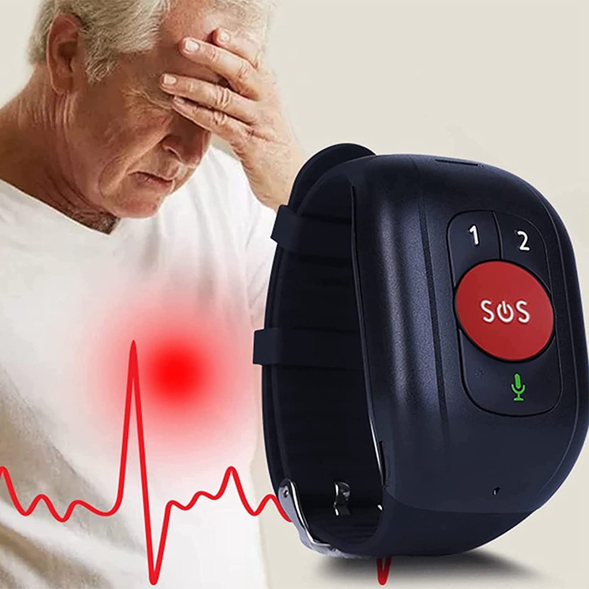 SnelShoppen - Gekoppelde Armband met Valdetectie en Paniekknop SOS voor Senioren, GPS 4G Oproepen, GPS-Tracker, IP67 Waterdicht, Stappenteller en Gezo