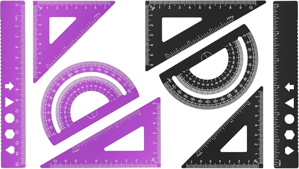 SnelShoppen - Set van 8 stuks aluminiumlegering linialen met gradenboog en driehoek voor wiskunde en geometrie, zwart en paars, ideaal voor scholieren