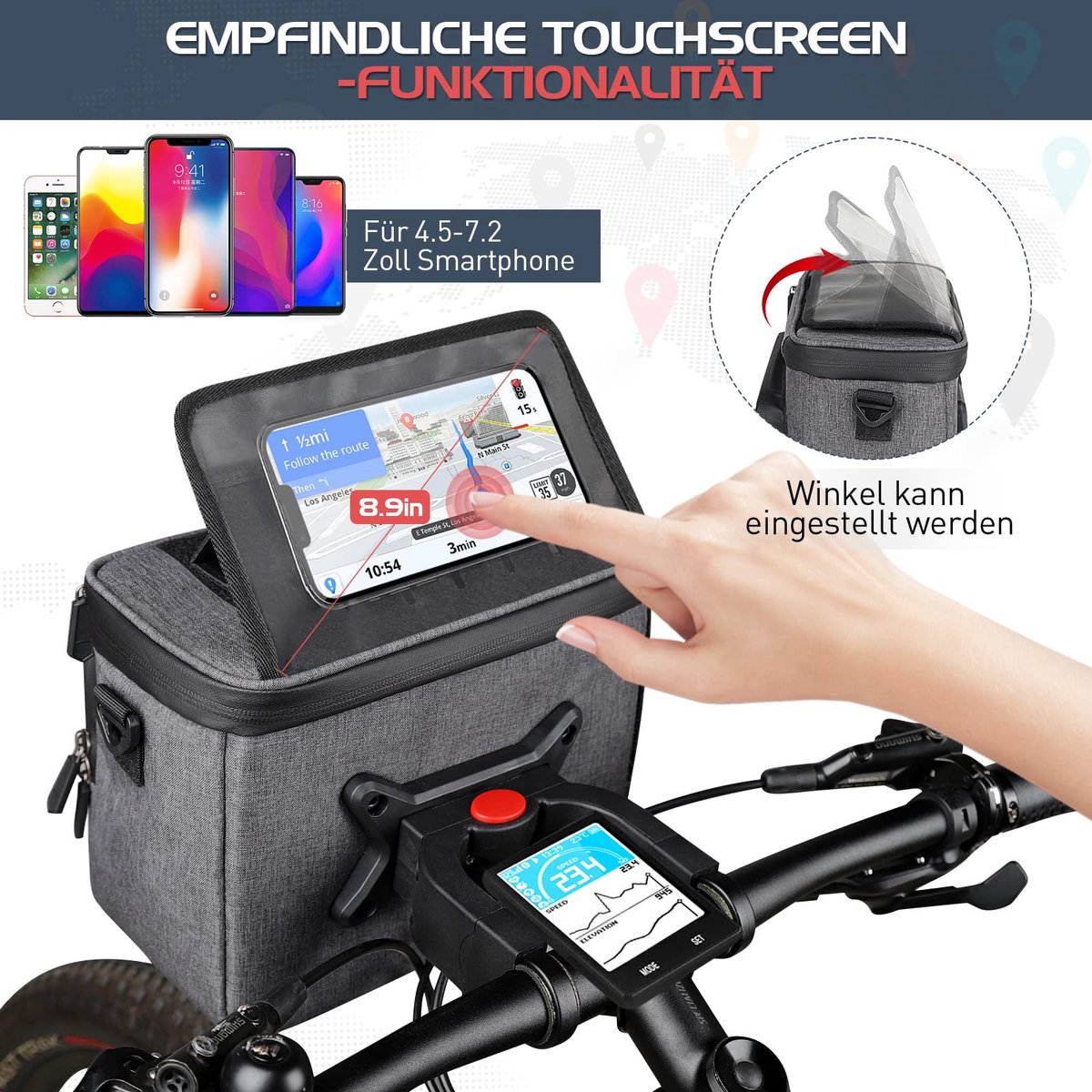 SnelShoppen - Hasagei Stuurtas 5 Liter met Telefoonhouder en Touchscreen, Waterdichte Fietstas Geschikt voor Alle Mobiele Telefoons