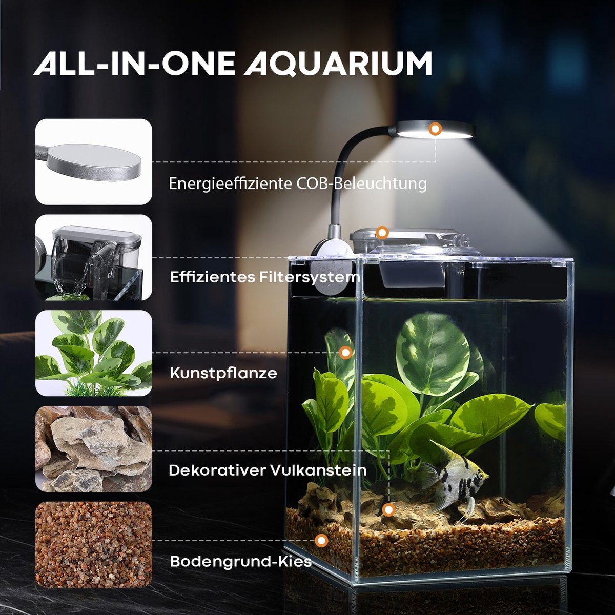 SnelShoppen - Desktop Betta Klein Aquarium Glazen 5 Liter Complete Set met Zelfreinigend Filtersysteem, Helder LED Licht, Grind, Plant en Reinigingsge