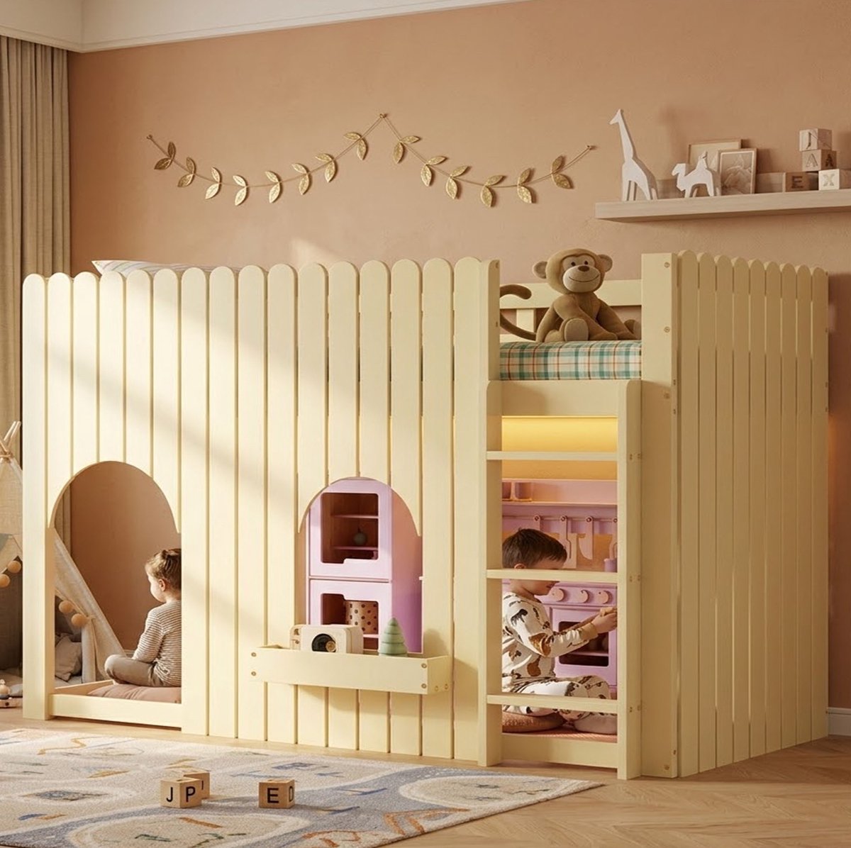 DESMIU Hoogslaper 90x200 cm – Kinderbed Met Meerkleurige Ledverlichting – Met Rechte 3-Treeds Ladder En Opbergvak – Zonder Matras – Hout En MDF – Natuur Naturel