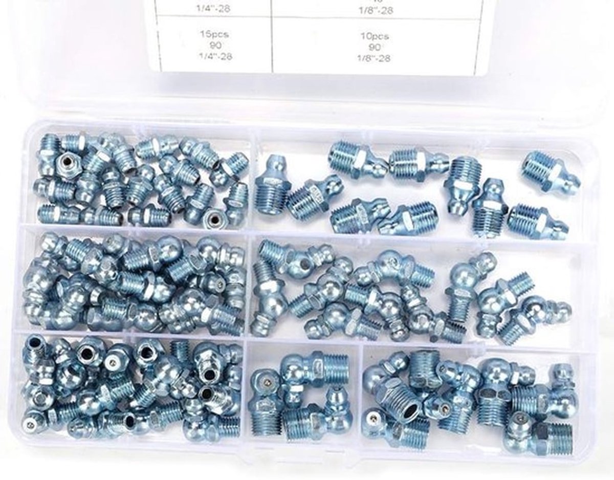 Smeernippel Set 80 Stuks - 45°/90°/180° Mondstukken - 1/8in/1/4in - Zink/IJzer - Transparante Doos - Vetspuit