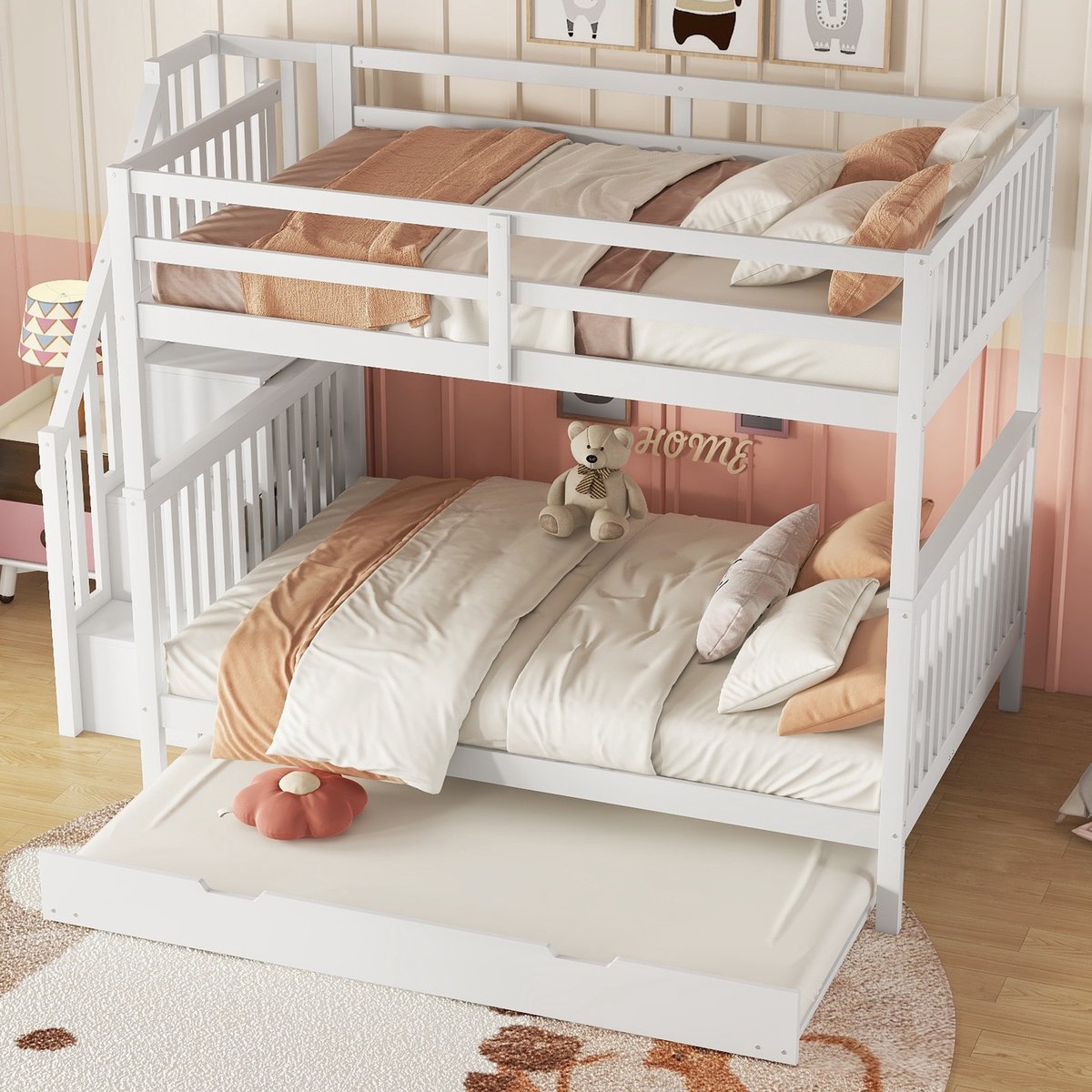 Stapelbed 140x200 cm - Houten Kinderbed Met Trap, Opbergrek En Uitschuifbed - Veilig - Wit