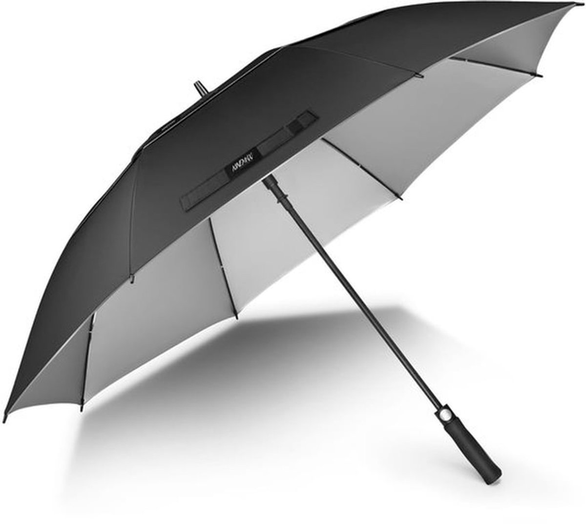 NINEMAX UV Golf Paraplu Winddicht 175CM Golfparaplu Automatische Open Grote Storm,Double Canopy met Schouderband voor Familie Mannen(Zwart/Zilver)