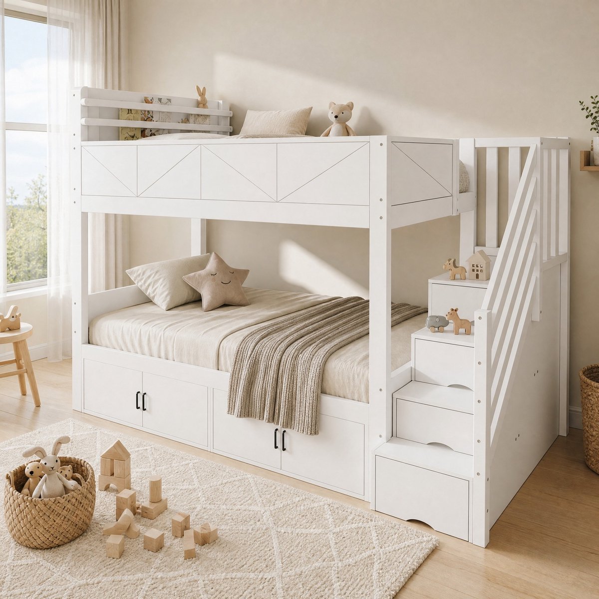 MODFU - Stapelbed - Opbergruimte En Trap - Paneeldesign - Wit - 90x200 Cm
