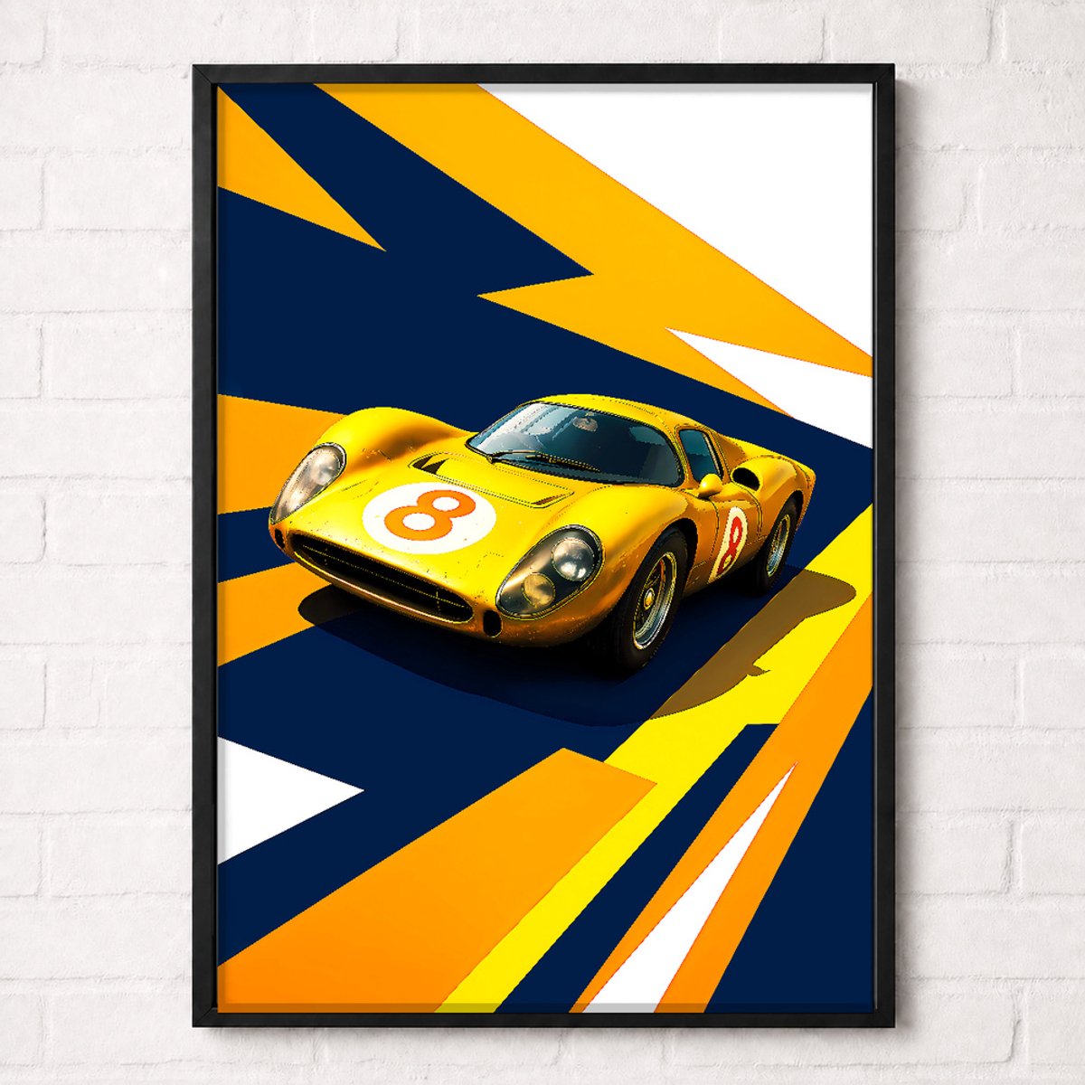 Raceauto Poster - Gele Aerodynamische Raceauto Nummer 8 - Classic Racing Collection - Posters voor Autoliefhebbers - A1+ 61 x 91,5 cm