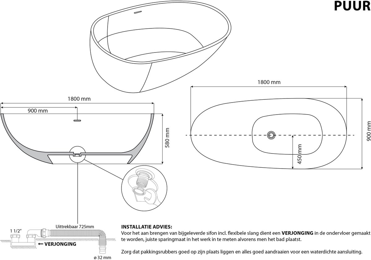 Vrijstaand ligbad Sanitado Elements Puur solid surface 180x85cm mat wit