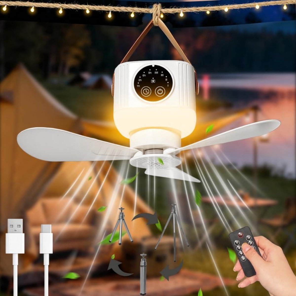 GELLDG Plafondventilator met Verlichting - Draadloze Kleine Deckenventilator met USB Oplaadbare Accu en Timer - Geschikt voor Camping, Pavillon en Terras - 8.5x8cm - Kunststof - Inclusief Draadloze Afstandsbediening